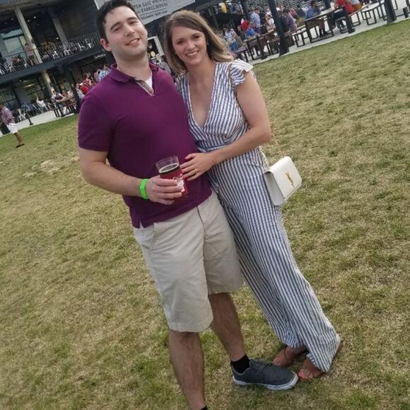 Blue and white striped low cut ruffle jumpsuit - Picture 1 of 9